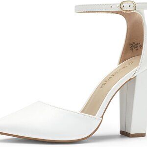 Women's Leather Chunky Heel Pumps 4-Inch Block Pointed Toe Ankle Strap Dress